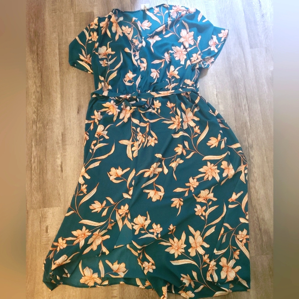 Ava & Viv Teal dress with white and orange flowers.